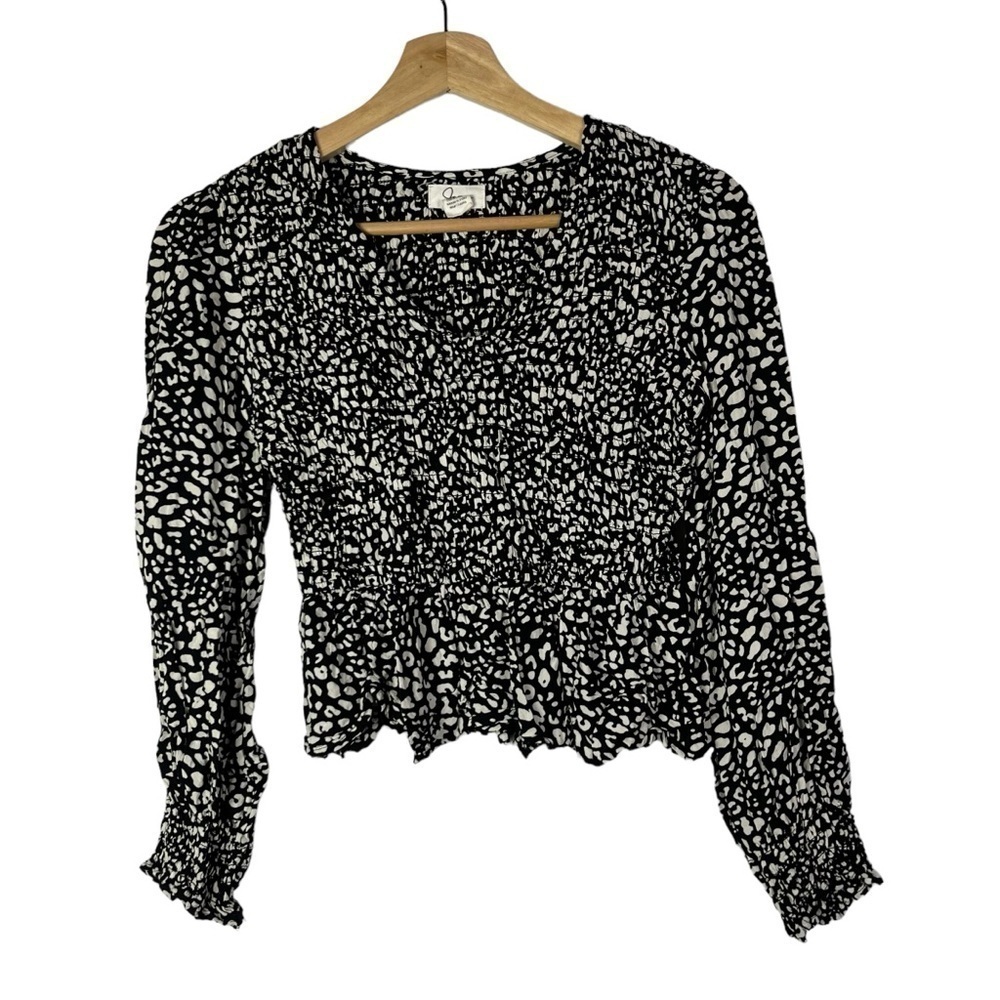 Japna Black & White Floral Smocked Long Sleeve Blouse XS